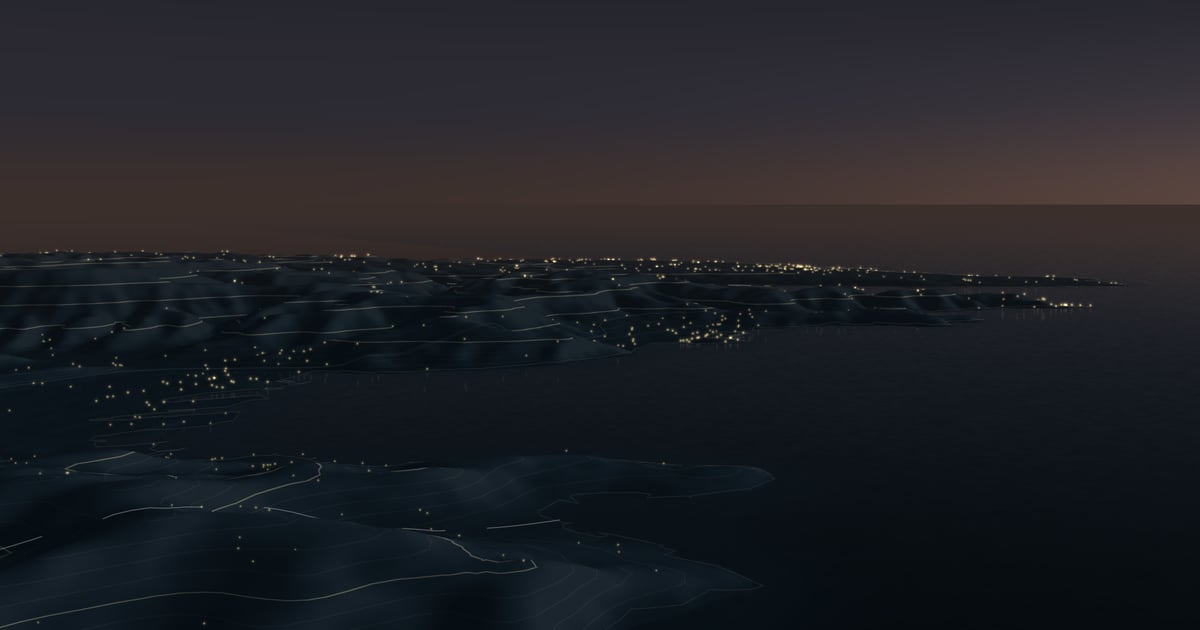 Relief: EU-DEM, processed by TriesteVillas Relief of the Slovenian coast from Koper to Piran, seen from the Molo Audace in Trieste at dusk.